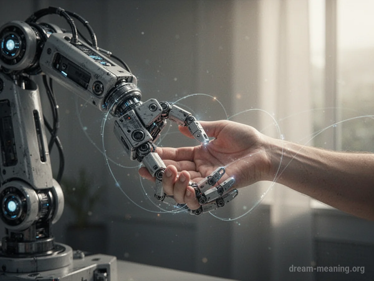 A robot arm holding a human hand with glowing lines.