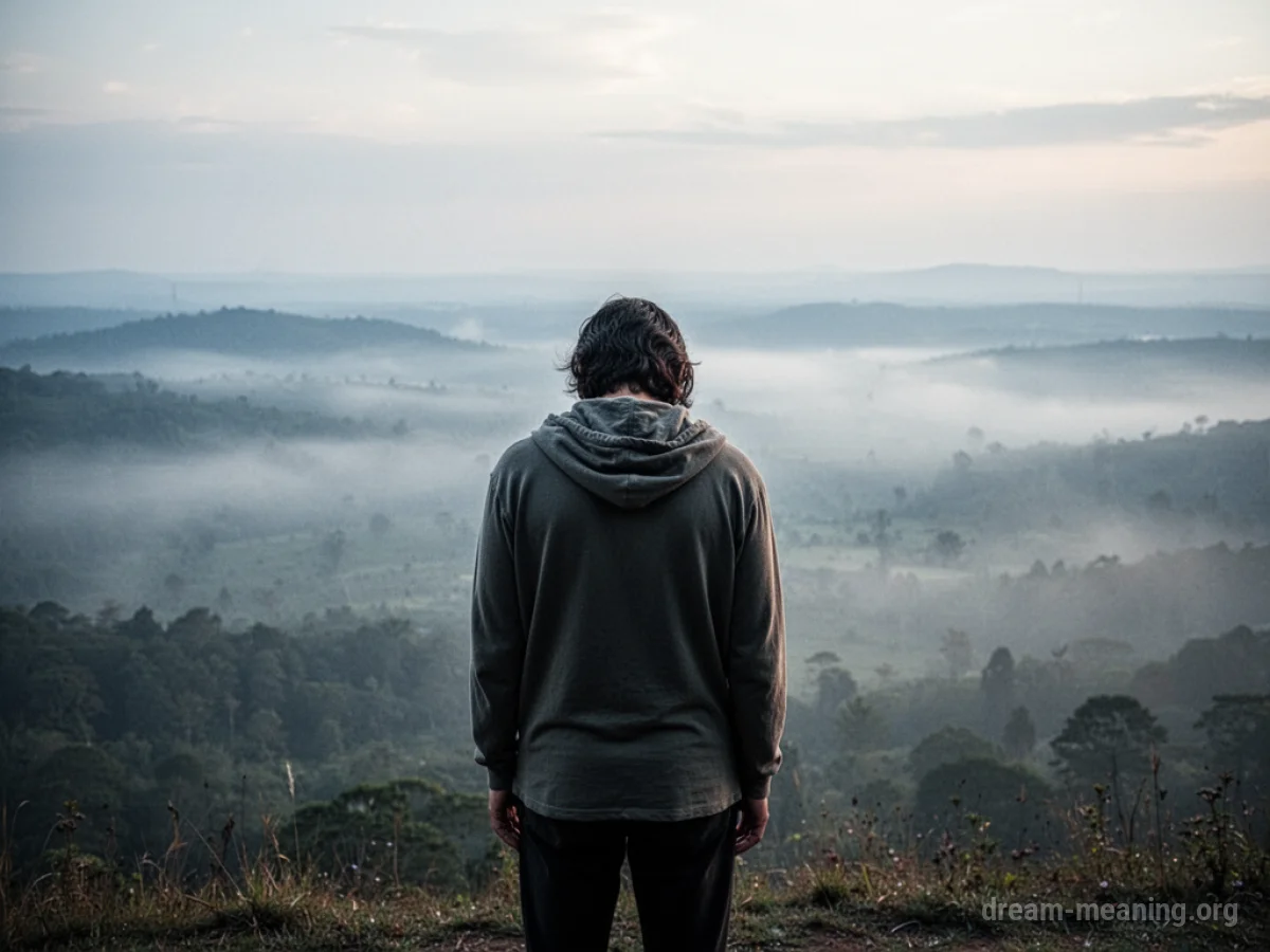 A lone figure stands with slumped shoulders facing a misty, vast expanse.