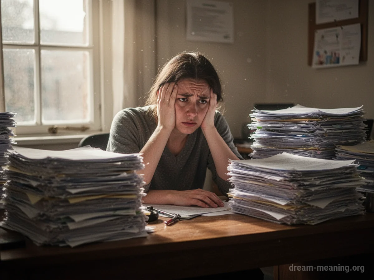 A person sitting at a desk overwhelmed by stacks of paper.