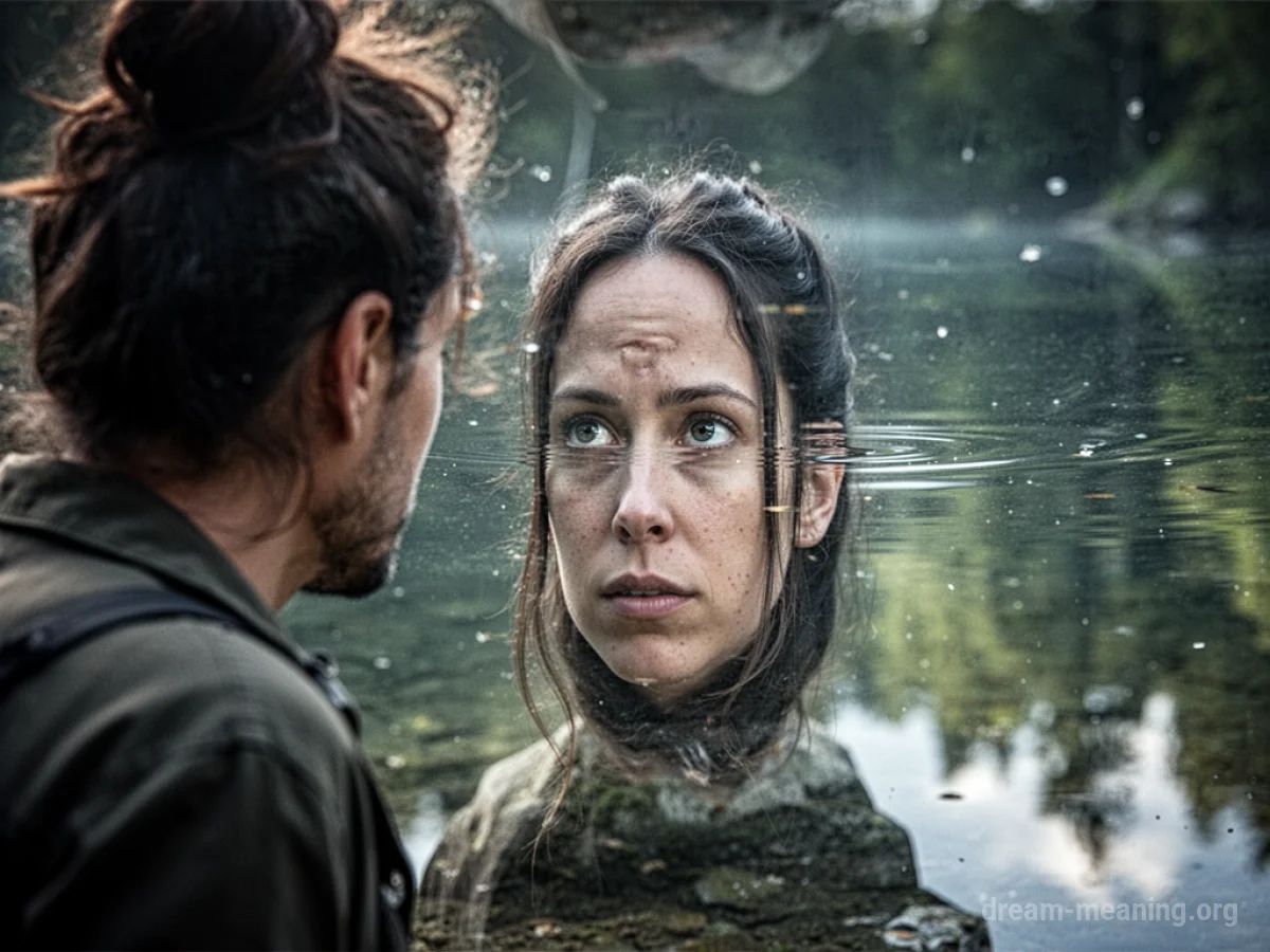 A person's face seen in a water reflection.