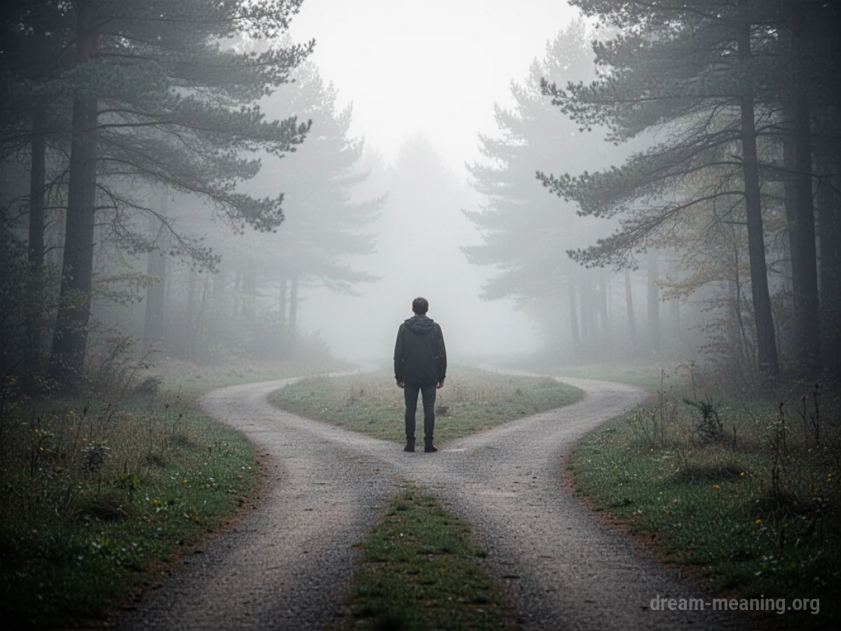 A person standing at a crossroads where one path disappears into fog.