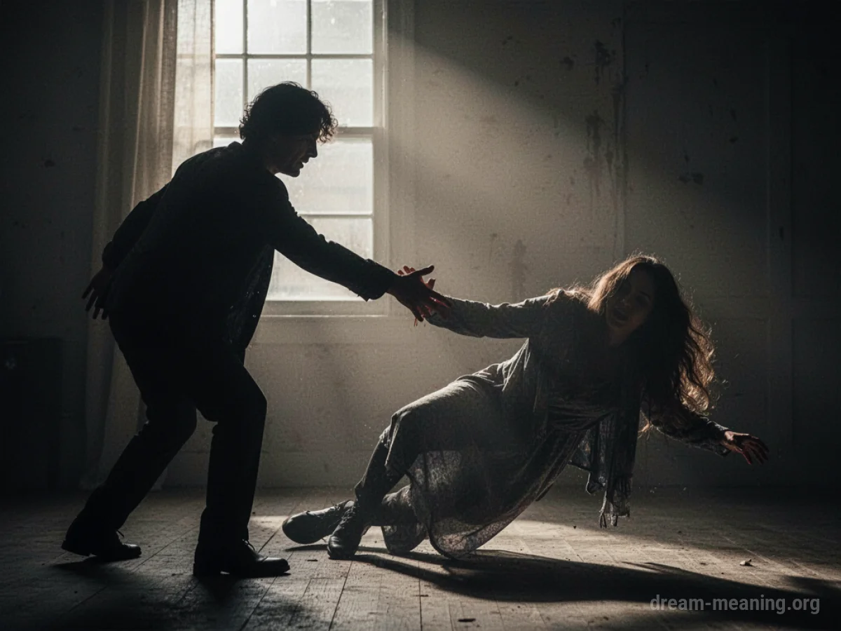 Silhouette of one person reaching towards another person who is falling.