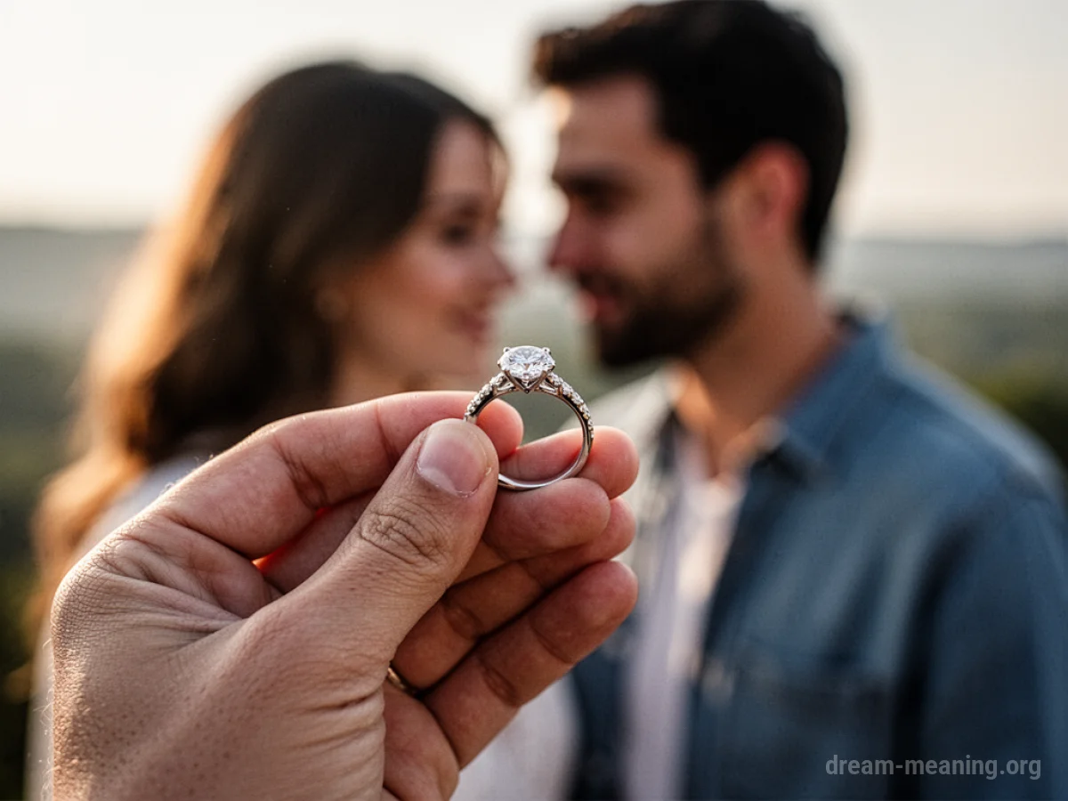 A hand wearing an engagement ring.