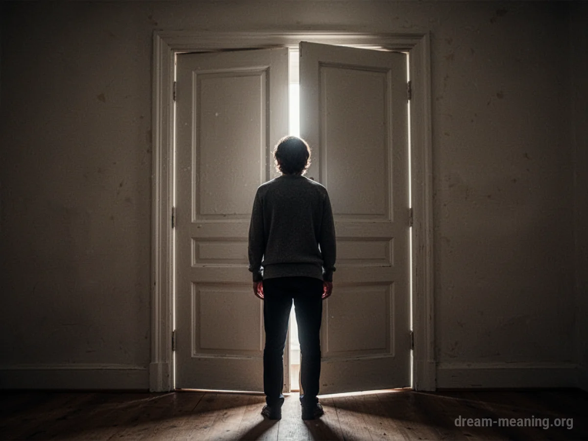 A person stands facing away from the viewer, looking at a closing door.