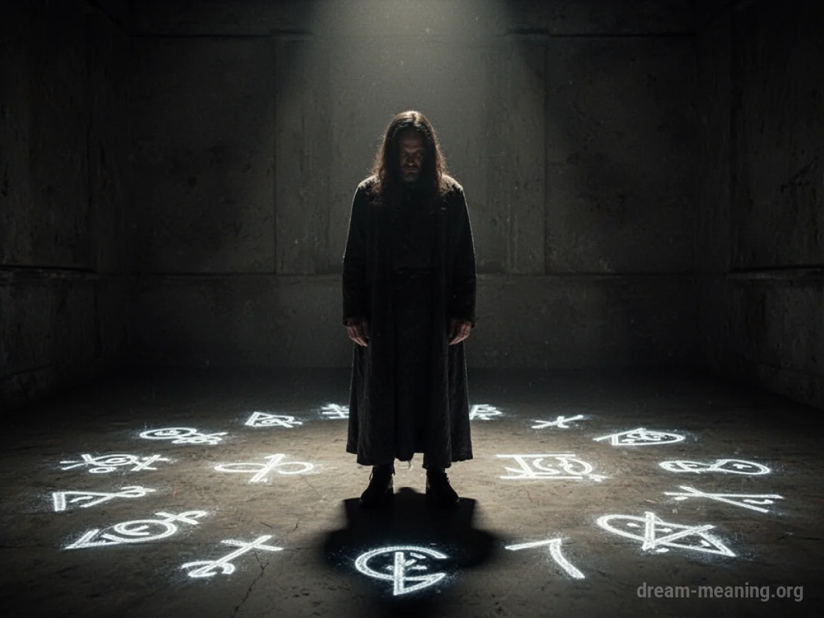 A shadowy figure in a dark room with glowing symbols on the floor.