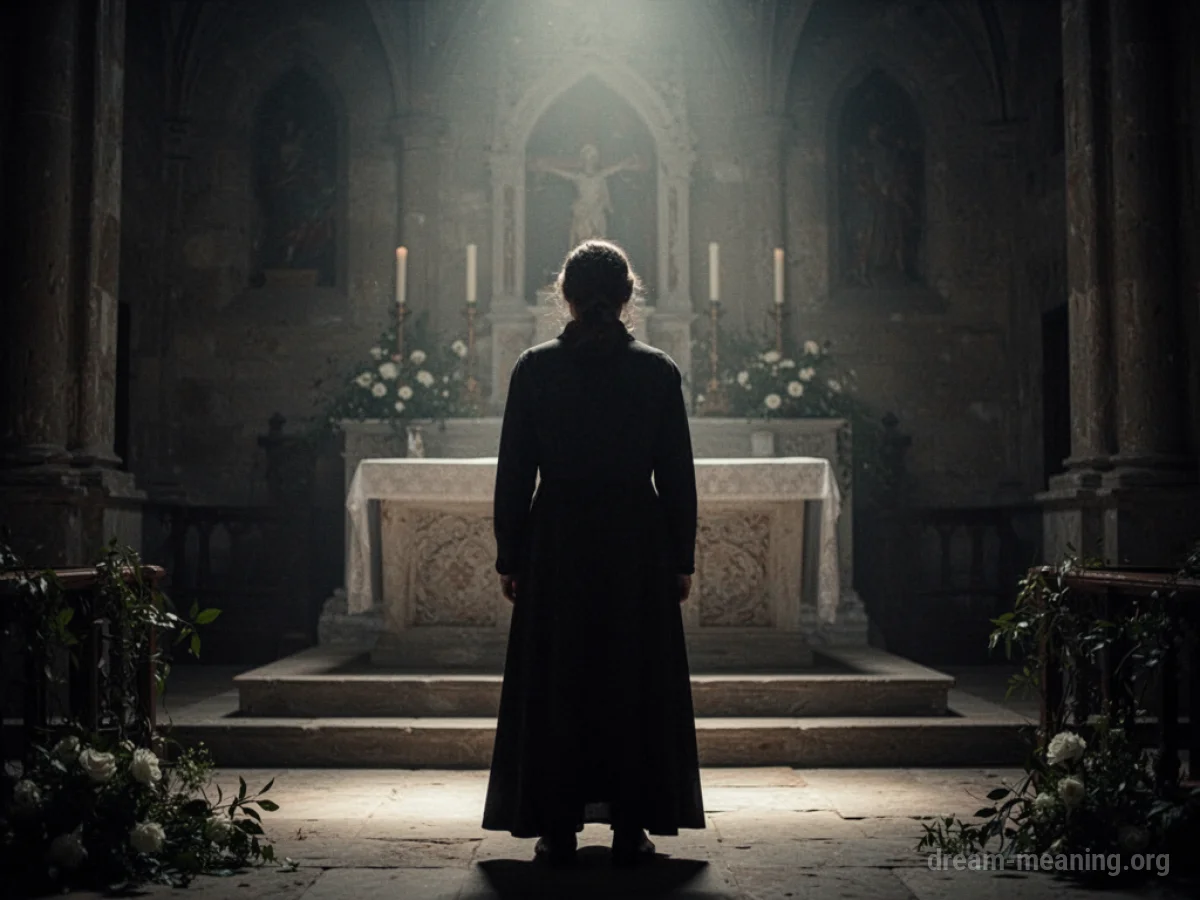 Silhouette of a person standing in front of an altar.