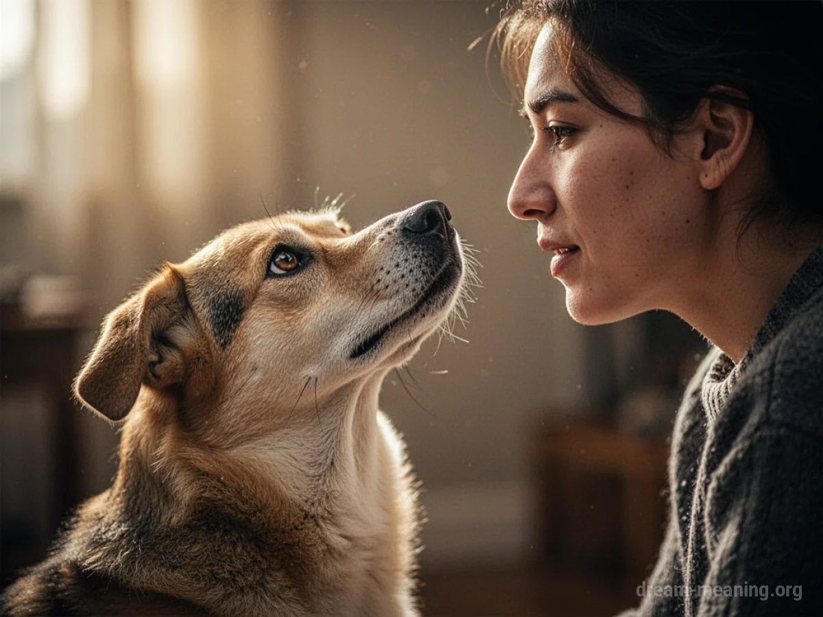 A dog looking directly at a person with an attentive expression.