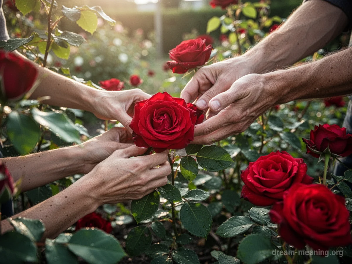 Hands reaching out to pick red roses in a garden.