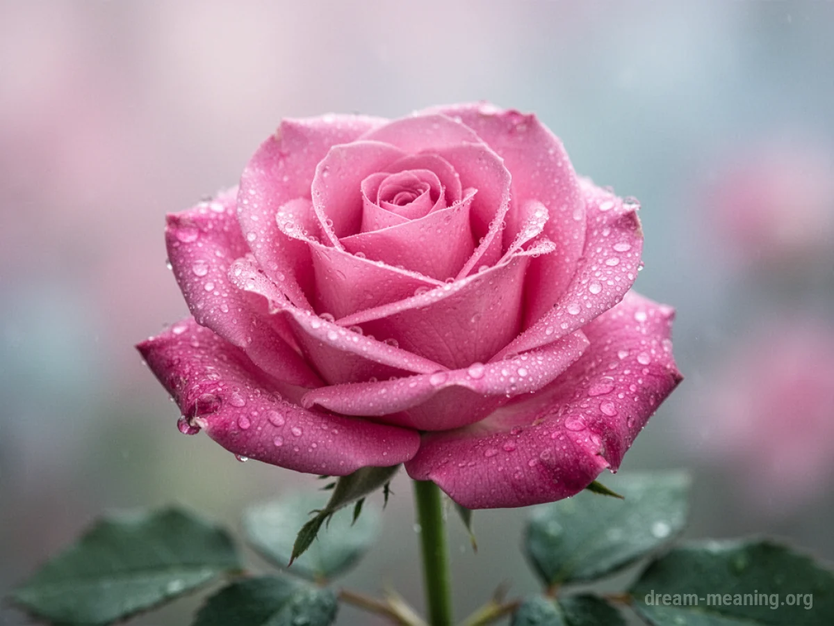 A single pink rose with dew drops on its petals.