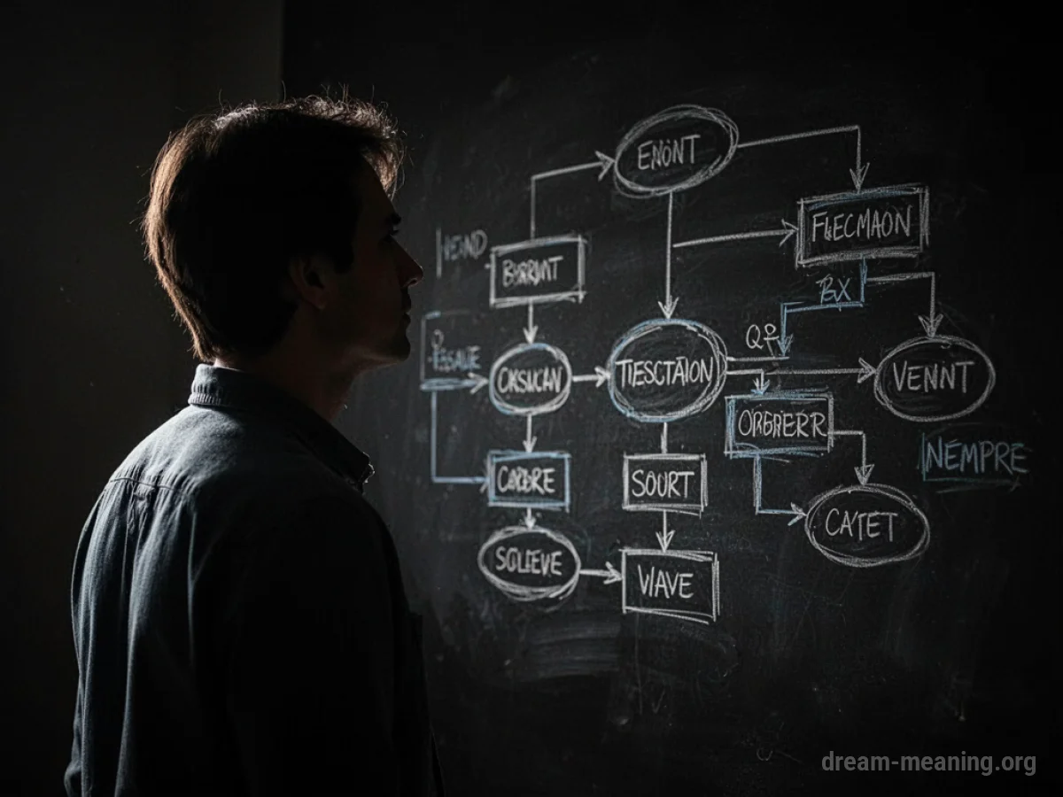 Silhouette of a person contemplating a detailed flowchart.