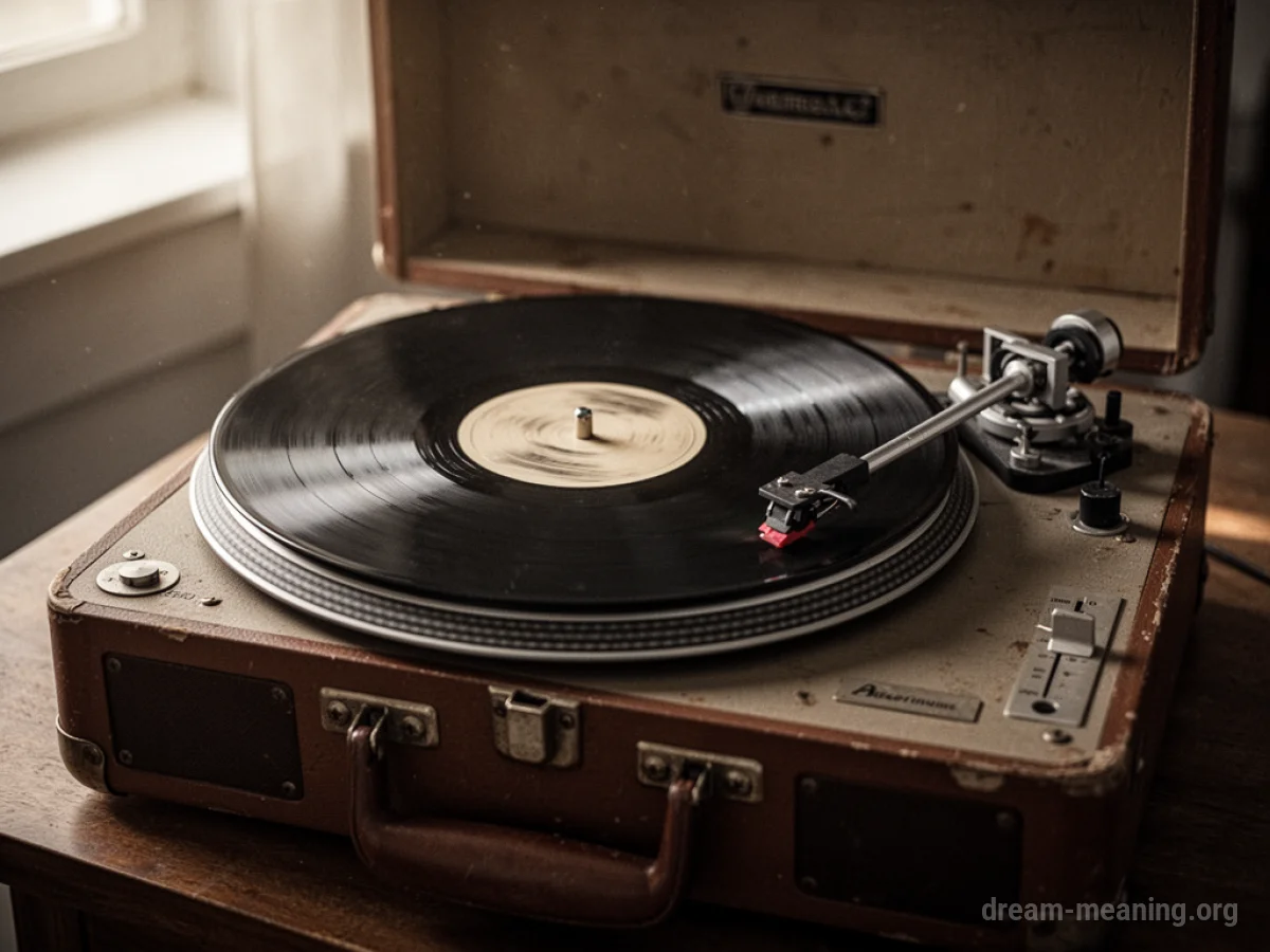 A close-up of a vintage record player spinning a vinyl record.