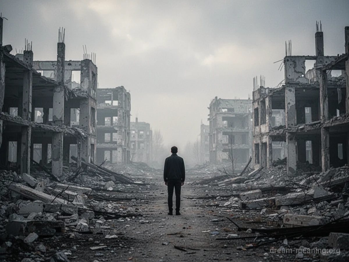 A person stands in a landscape of broken buildings and debris.