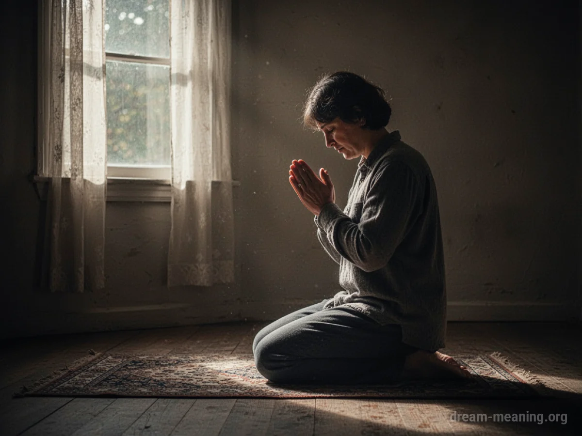 A person kneeling in prayer in a quiet room.