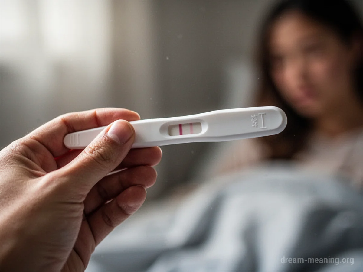 A hand holding a pregnancy test stick with a single visible line.