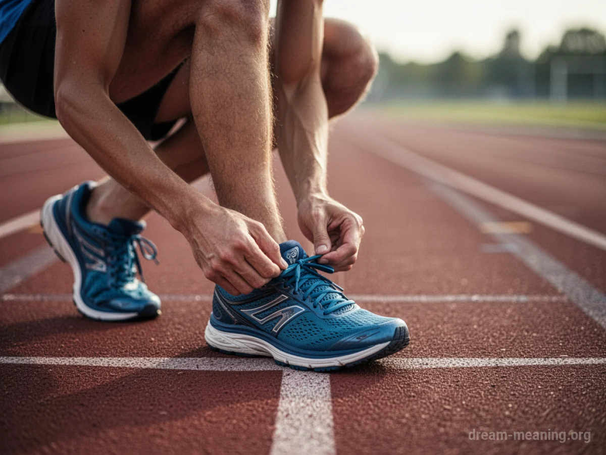 A person tying running shoes at a track's starting line.