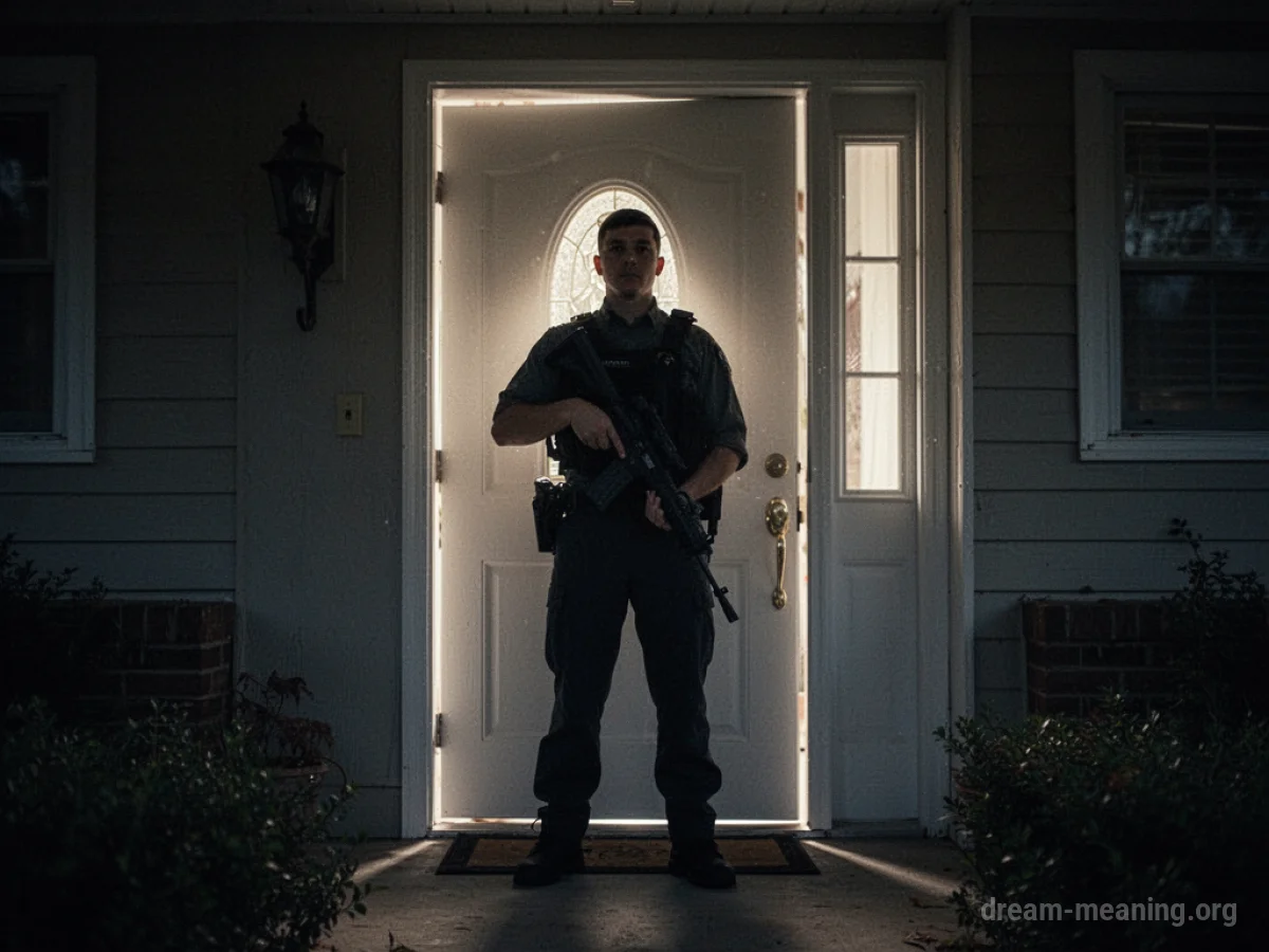 Silhouette of a person standing guard at a doorway.