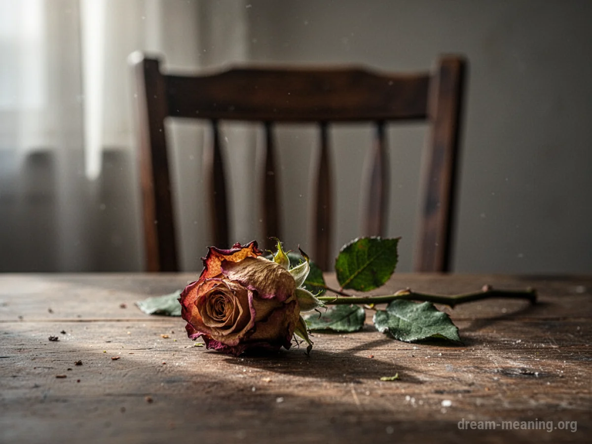 A wilting red rose lies on a wooden table.
