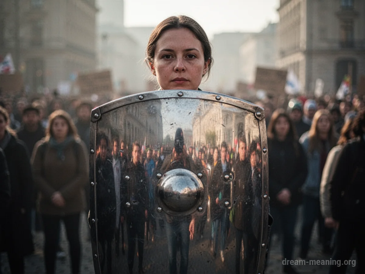 A person stands behind a reflective shield, with indistinct figures visible in the reflection.