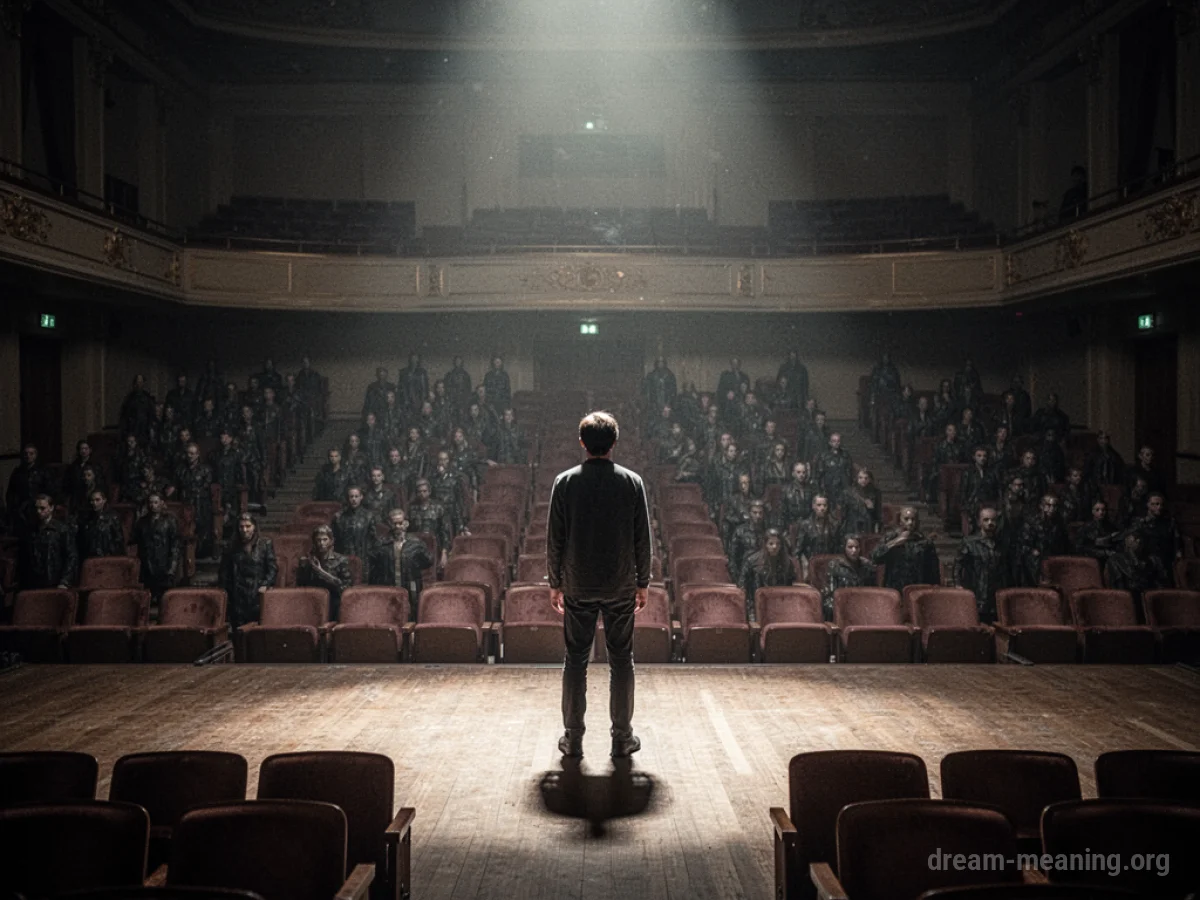 A lone figure stands on a stage in an empty auditorium with distant, shadowy audience members.