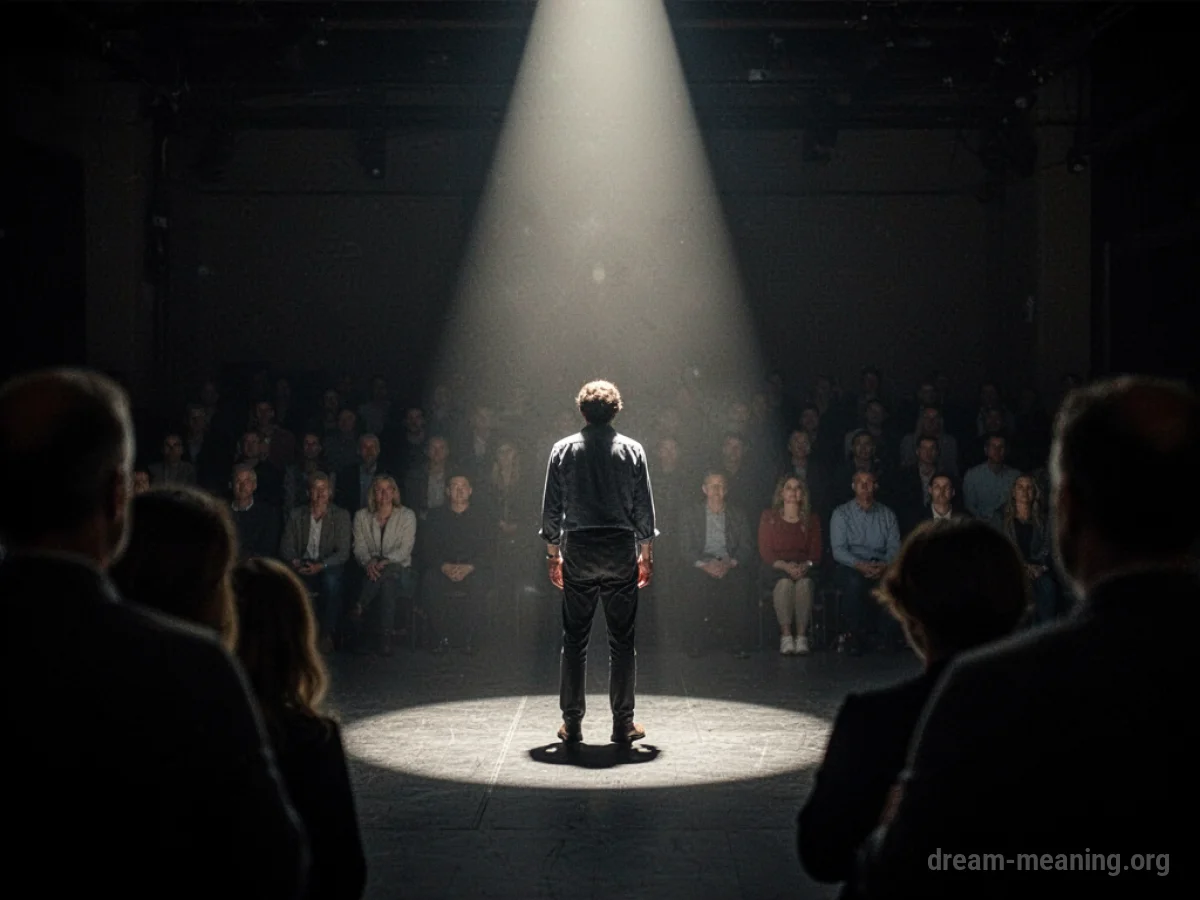 A person illuminated by a spotlight while shadowy figures observe from the dark.