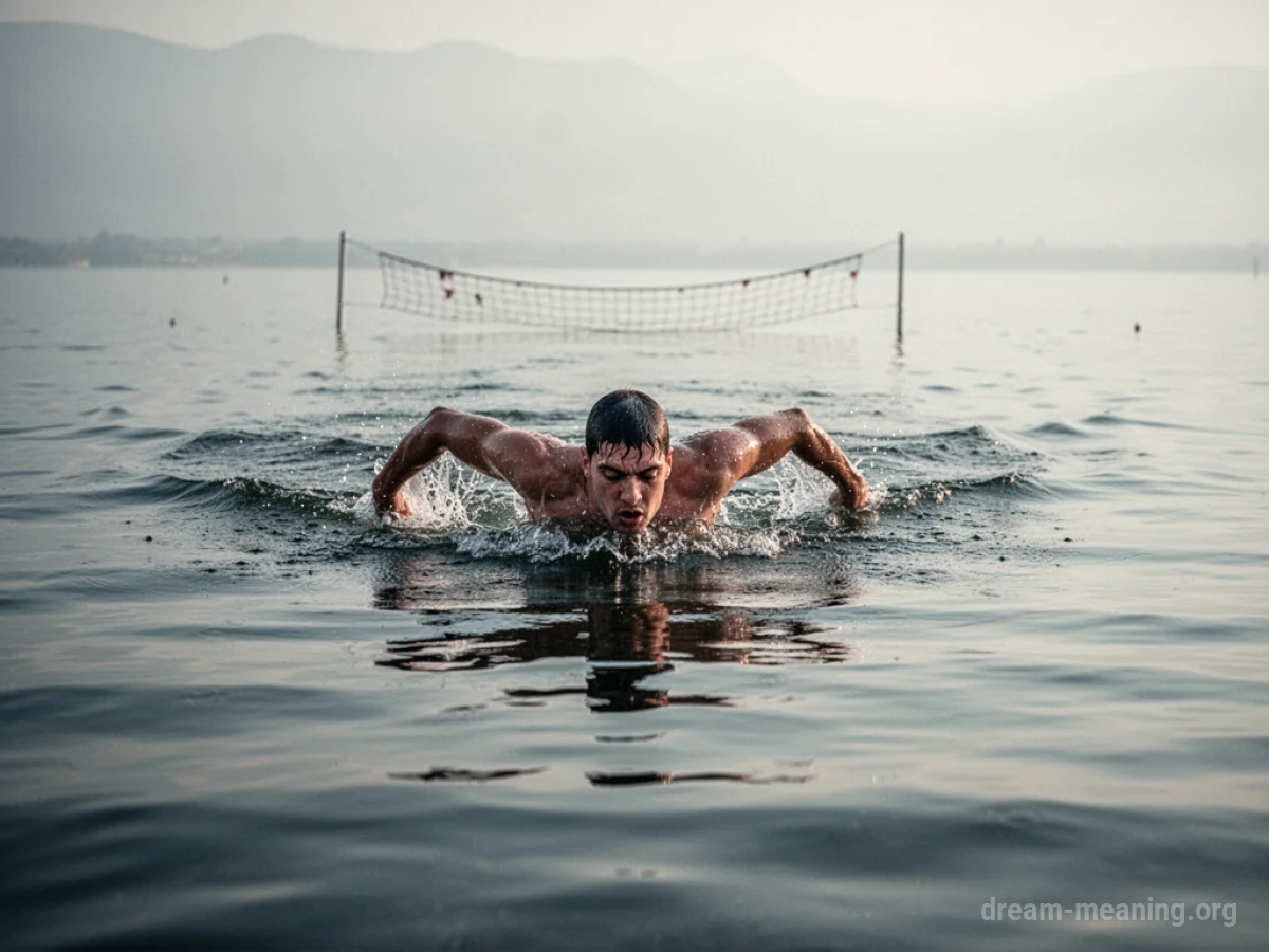 A lone swimmer in a large body of water, with a distant hazy finish line.