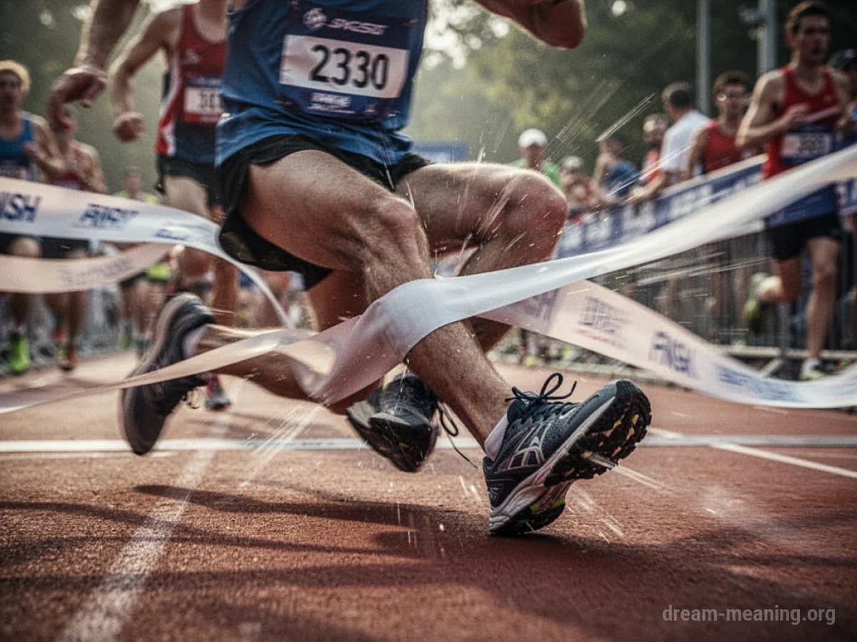 A runner's legs caught in a finish line ribbon after a race, with blurred background.