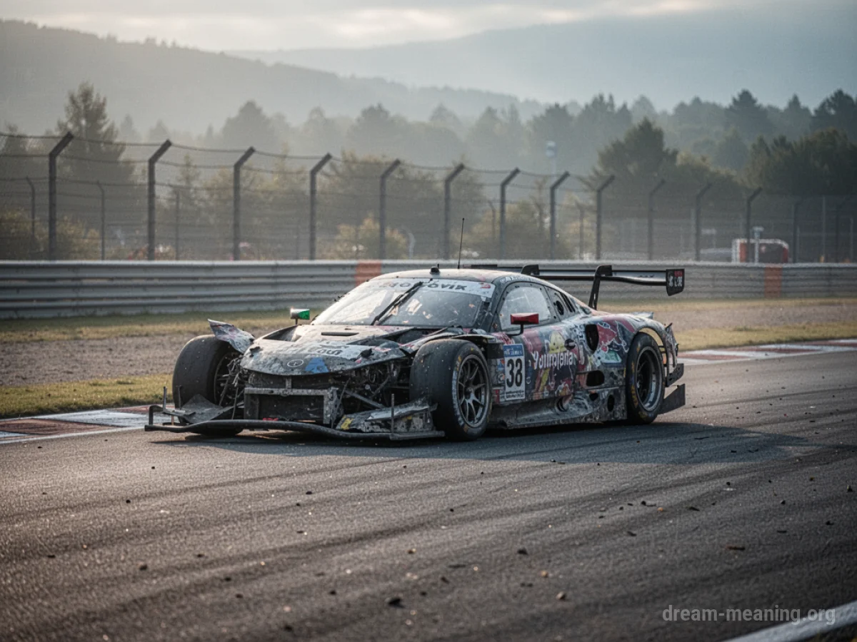 A race car stopped on a track after an incident.