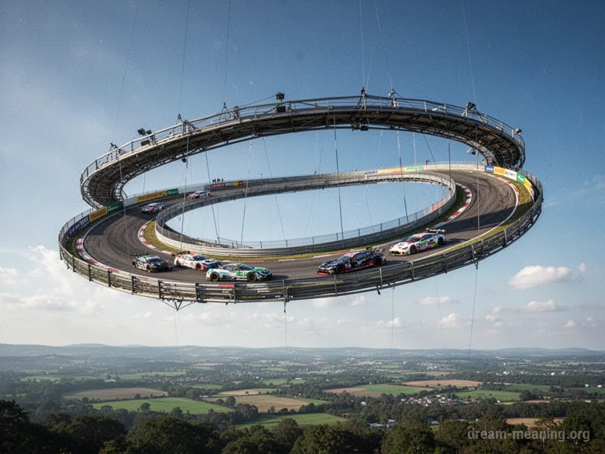 A race track hovering high in the sky over a landscape.
