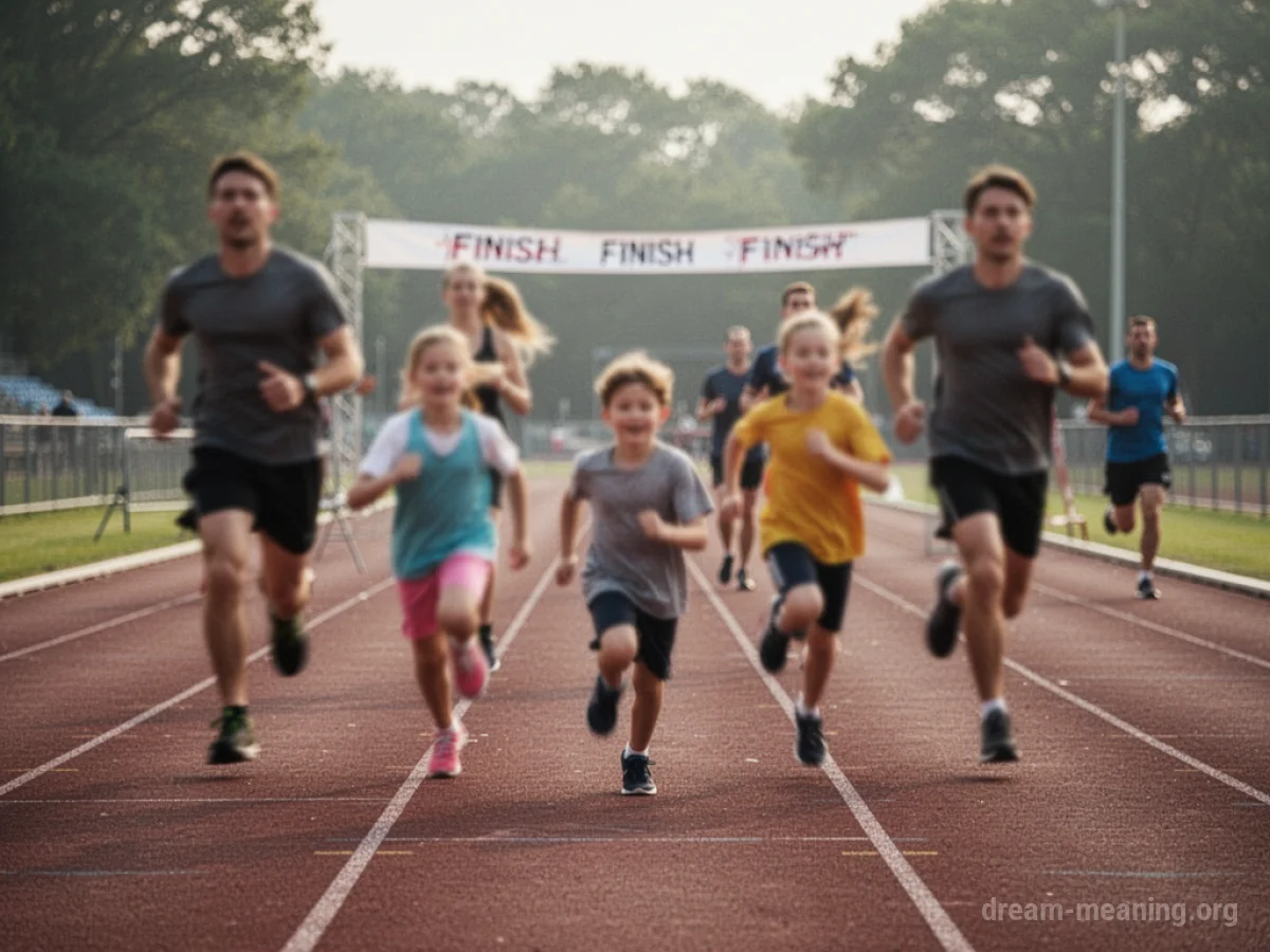 A family running on a track, appearing blurred with movement.