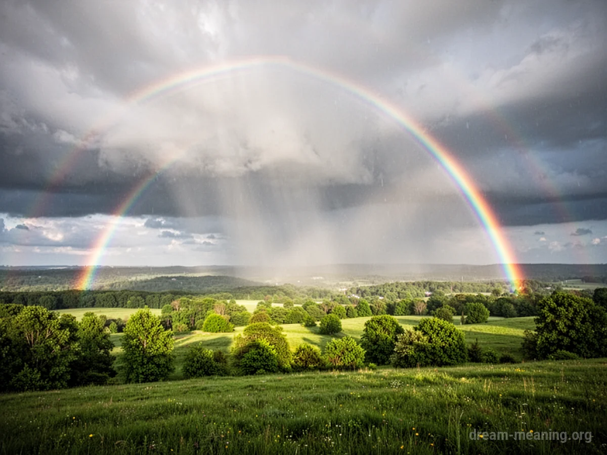 A bright rainbow spans the sky above a wet, green landscape with soft clouds.