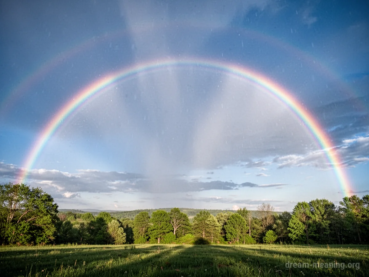A bright rainbow in a blue sky.