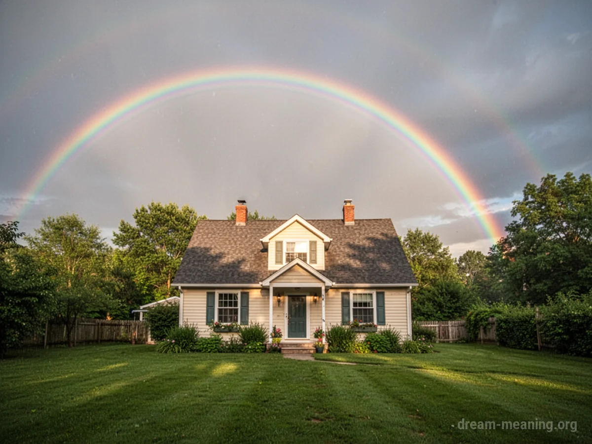 A rainbow visible above a residential house.