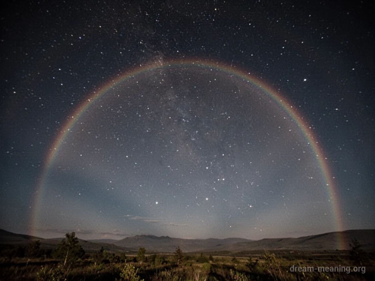 A dim rainbow appearing in a dark night sky.