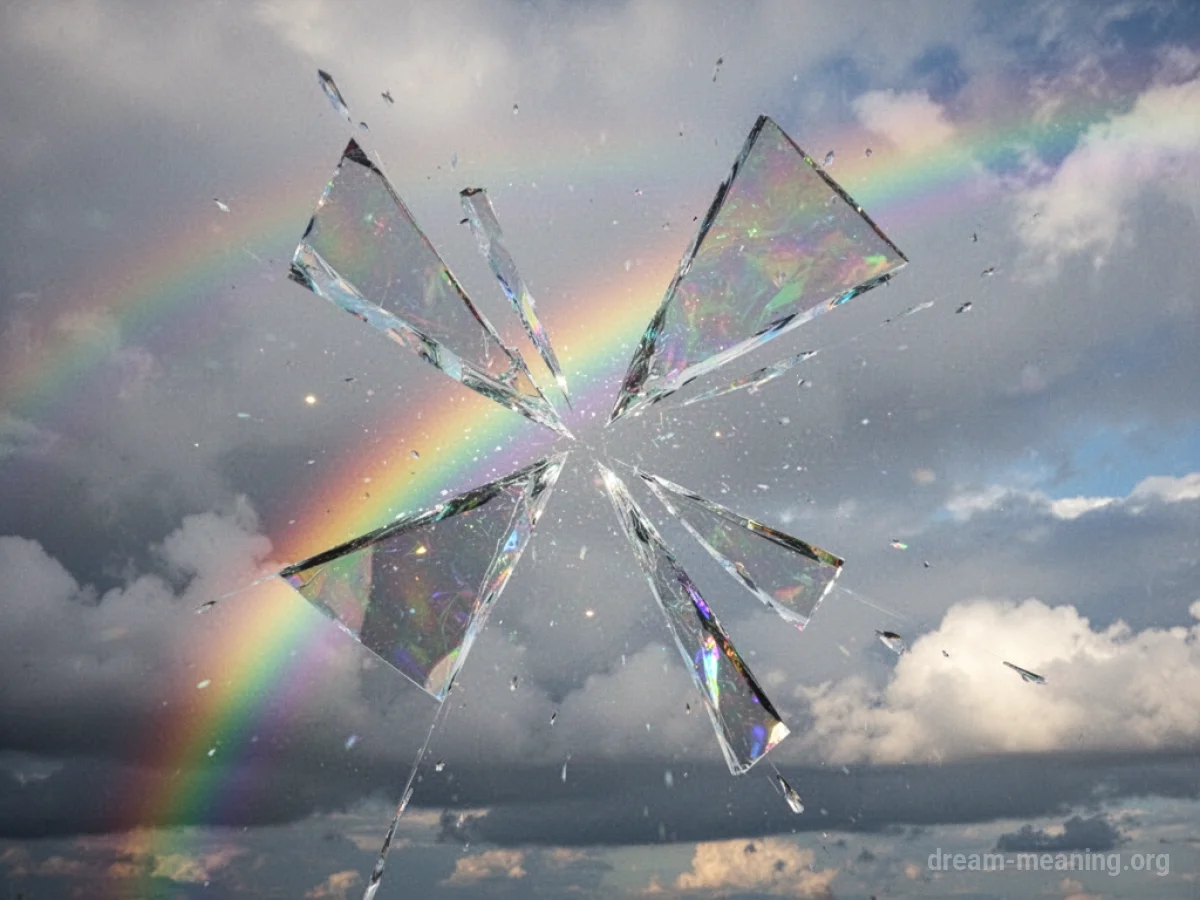 A rainbow splitting into pieces in a cloudy sky.