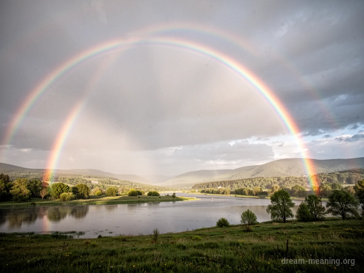 A rainbow arching across a sky over a landscape.