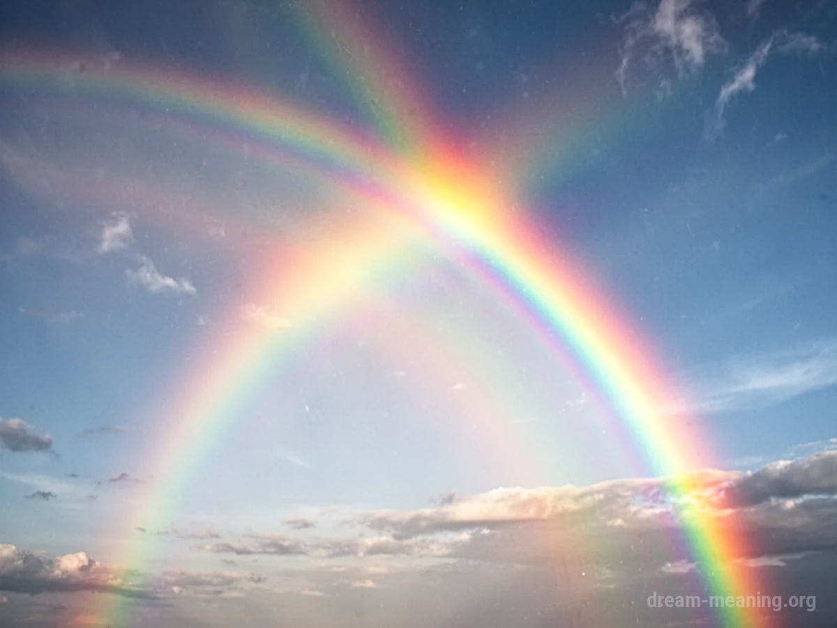 A rainbow with flowing, changing colors in the sky.