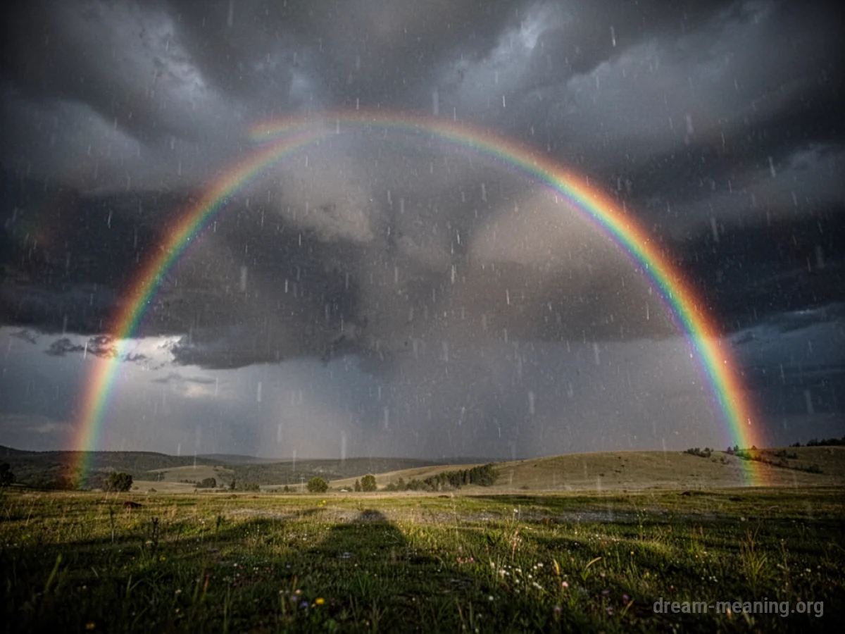 A bright rainbow appears in a dark, cloudy sky with rain.