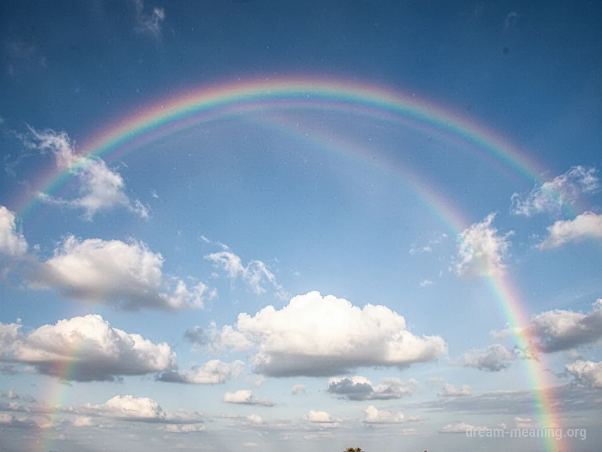 A colorful rainbow stretches across a blue sky.
