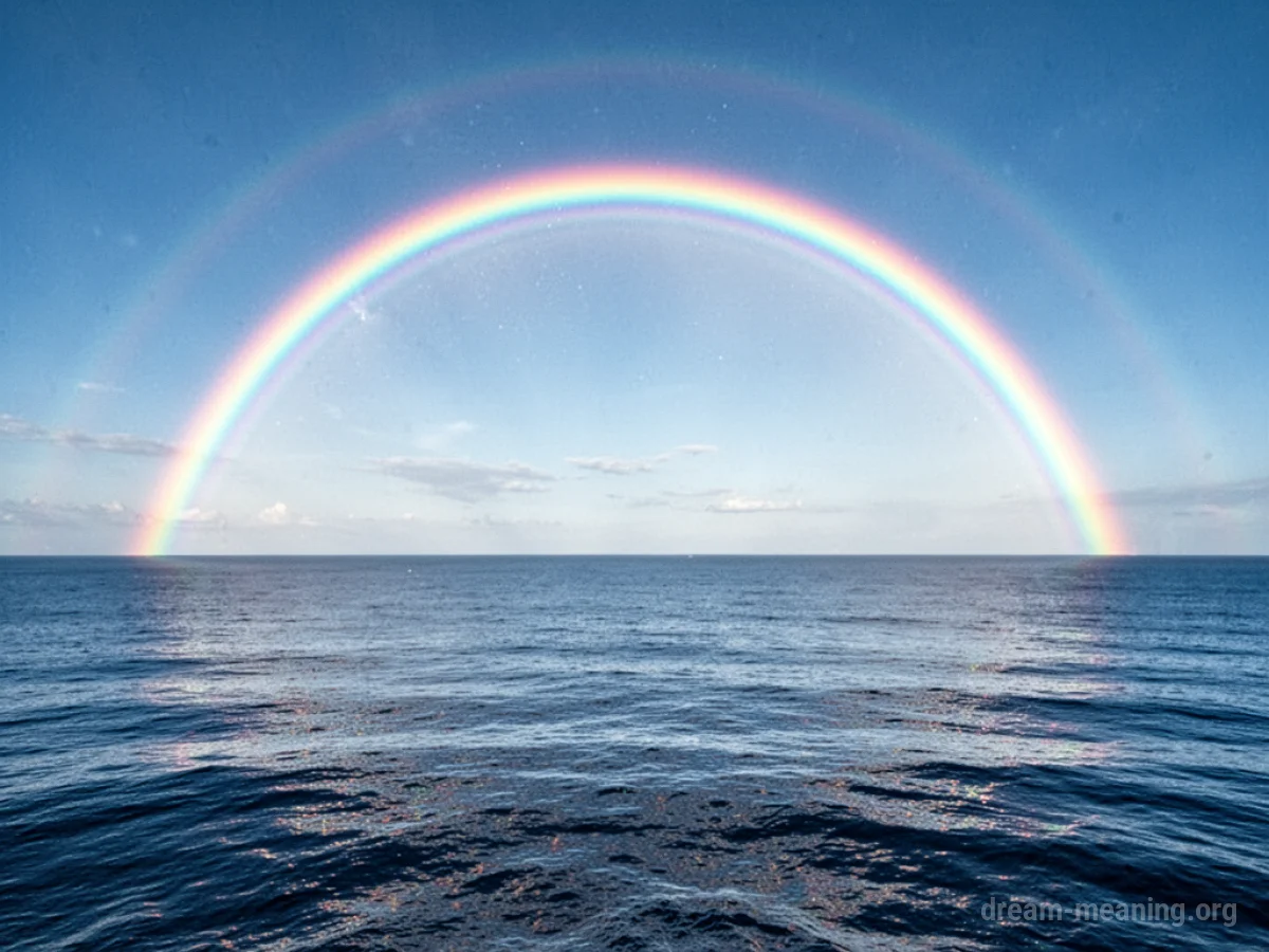 A rainbow extends from one side of the horizon to the other, touching the surface of the ocean.