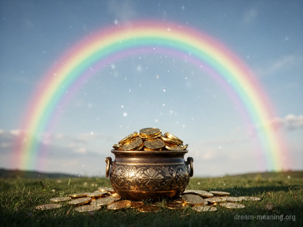 A pot of gold sits at the end of a bright rainbow in a sunny sky.