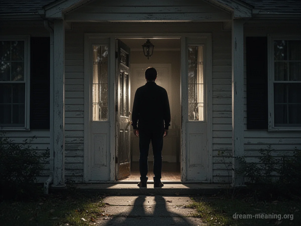 Silhouette of a figure standing in an open doorway of a house.