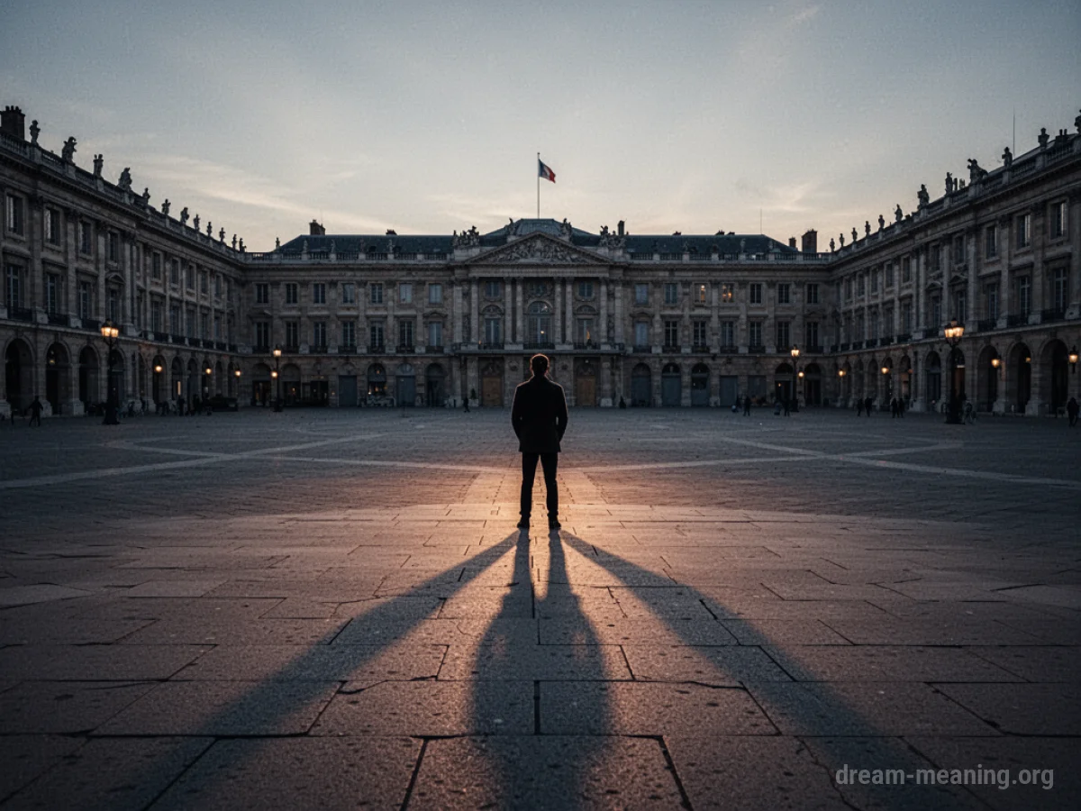 A lone person stands in a wide, empty public plaza as shadows lengthen.