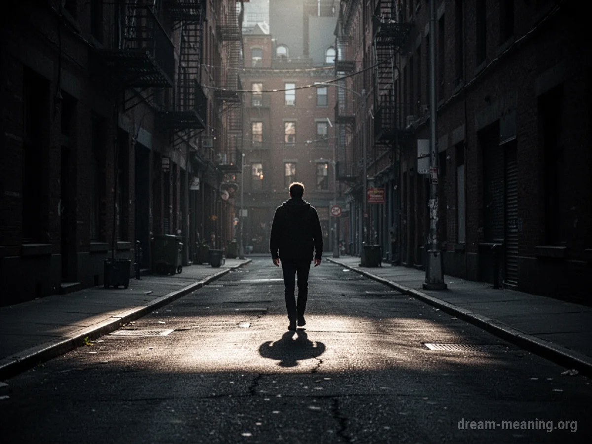 Silhouette of a person walking on a dark, deserted street with long shadows.