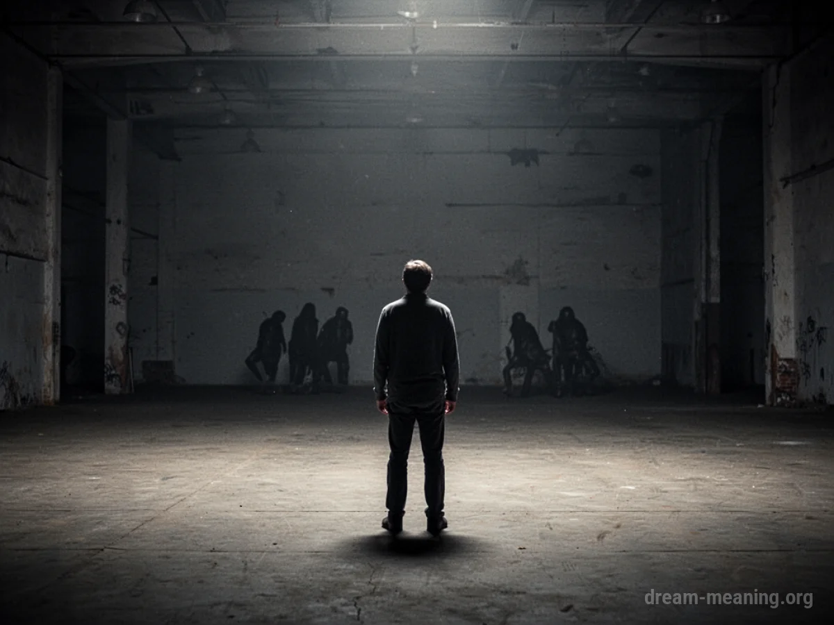Silhouette of a person in a vast, dark, empty room with faint shadows.
