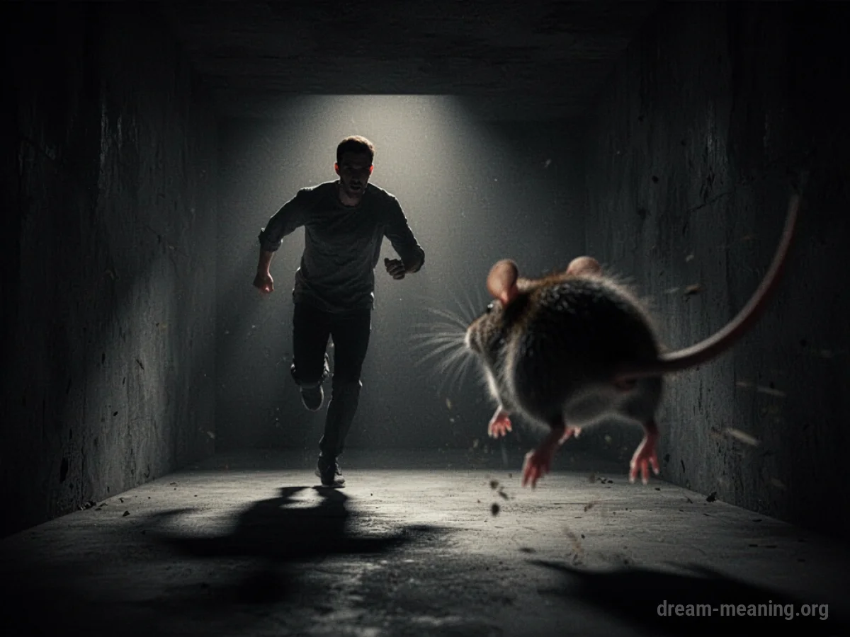 Silhouette of a person fleeing from a shadowy rodent.