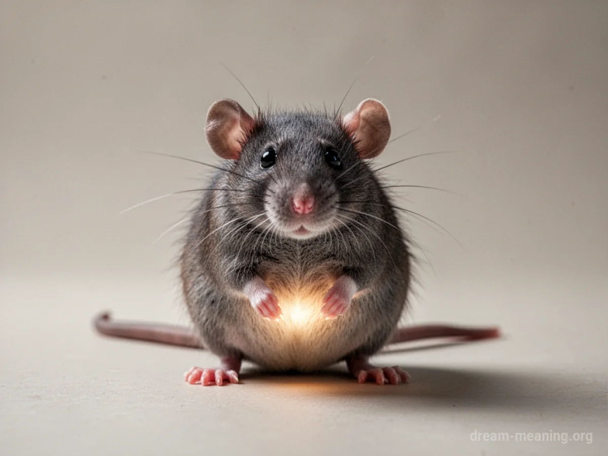 A rat with a slightly rounded belly in a simple setting.