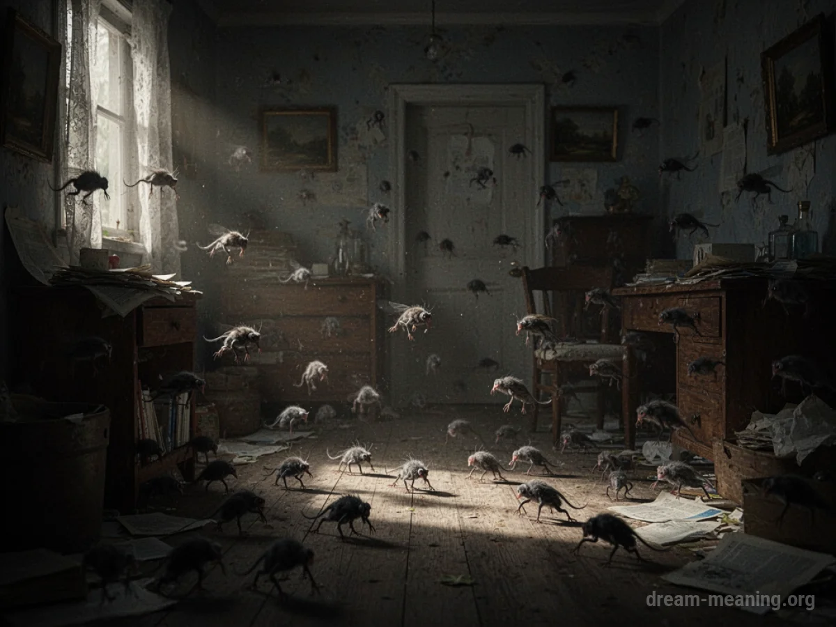 Shadowy outlines of numerous small rodents moving through a cluttered, dimly lit space.