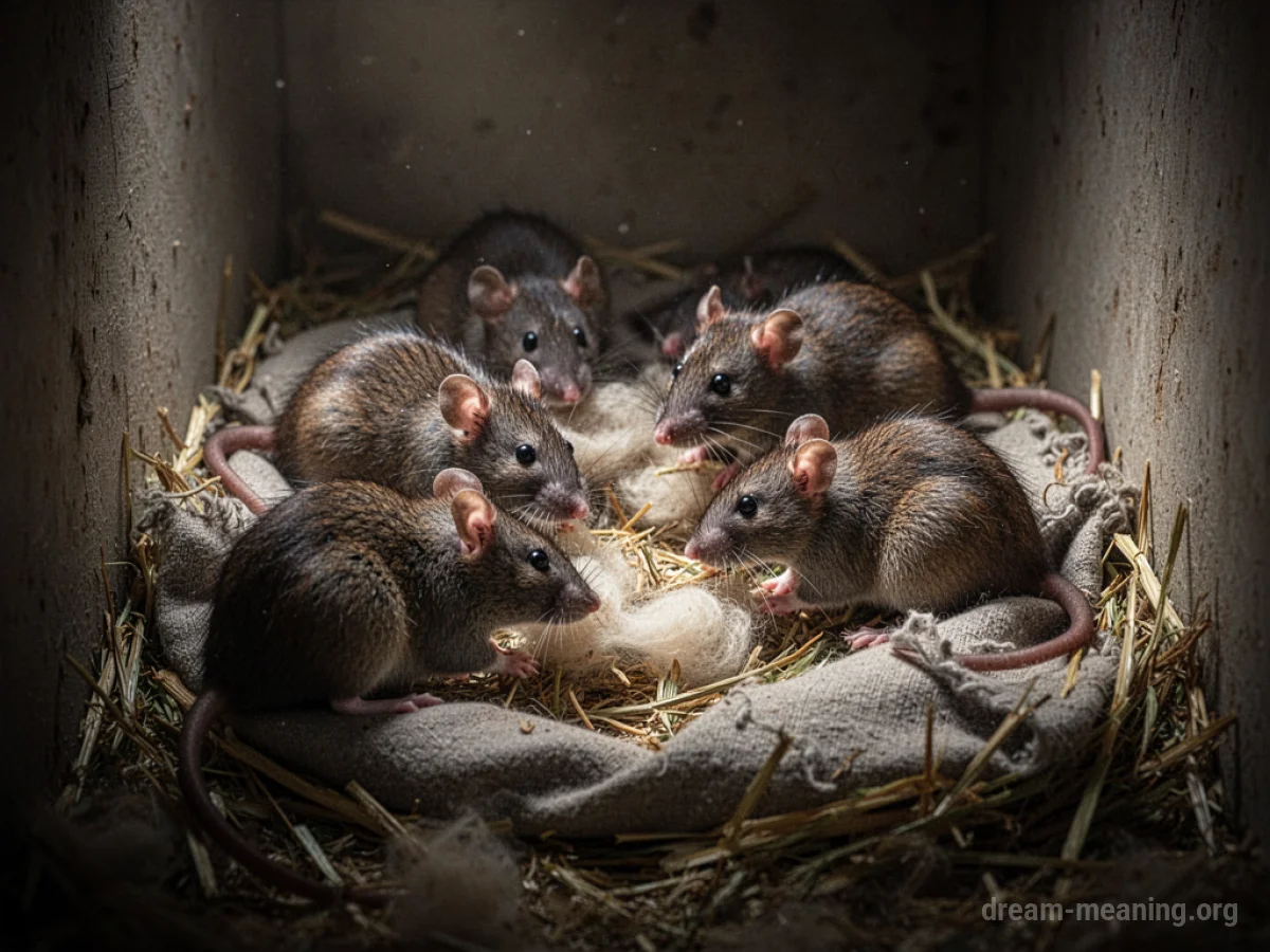 Several rats constructing a nest out of soft materials in a dark corner.