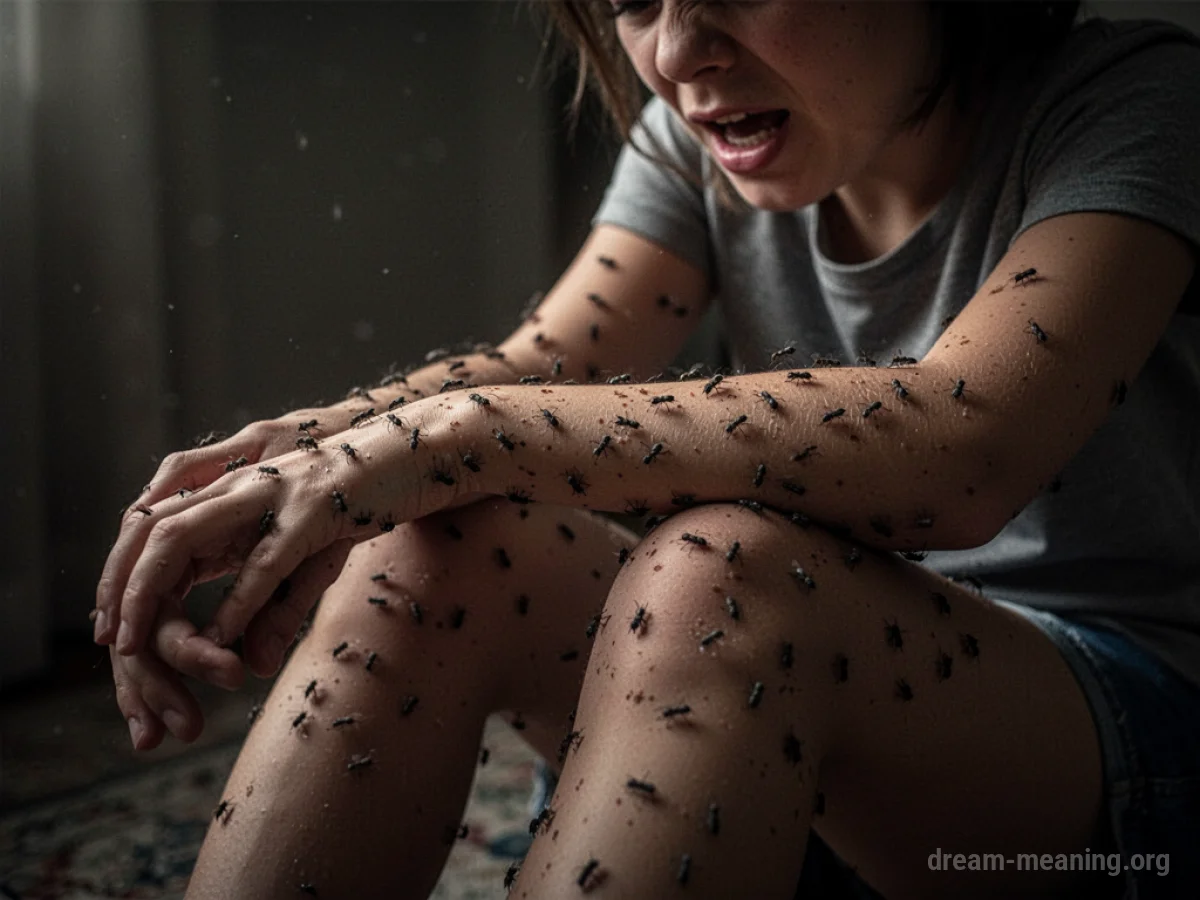 Silhouettes of small creatures moving across a person's limbs.