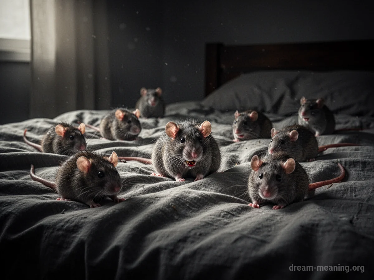 A dimly lit bedroom with a bed, and a few small, shadowy rat figures on the bedding.